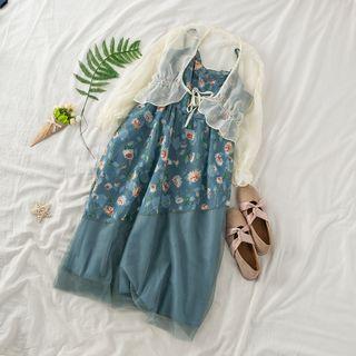 Spaghetti-strap Mesh Panel Floral Dress / Chiffon Lace-up Cardigan