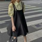 Short-sleeve Floral Print Shirt / Mini A-line Pinafore Dress