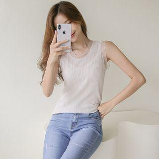 Sleeveless Mesh-trim Ribbed Top