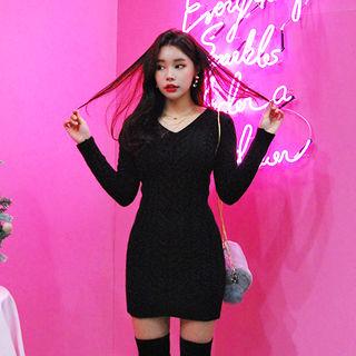 V-neck Wool Blend Knit Bodycon Dress