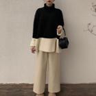 High-neck Color Panel Side Slit Knit Sweater / High-waist Wide-leg Knit Pants