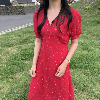 V-neck Floral Short-sleeve Midi A-line Dress