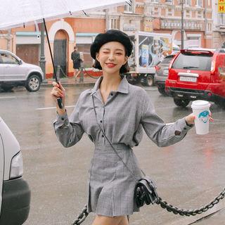 Set: Loose-fit Plaid Shirt + Pleated Miniskirt