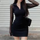 Long-sleeve Mesh Bodycon Dress Black - One Size