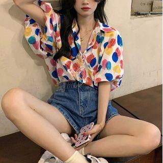 Puff-sleeve Dotted Shirt / Denim Shorts