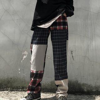 Plaid Panel Straight Fit Pants