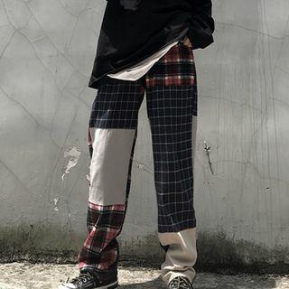 Plaid Panel Straight Fit Pants