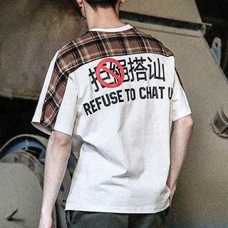 Elbow-sleeve Plaid Panel Chinese Character T-shirt