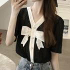 Short-sleeve Ribbon Button-up Top