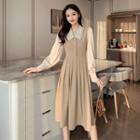 Two-tone Long-sleeve Midi Pleated A-line Dress