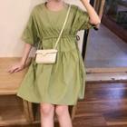 Elbow-sleeve Drawstring A-line Dress Green - One Size