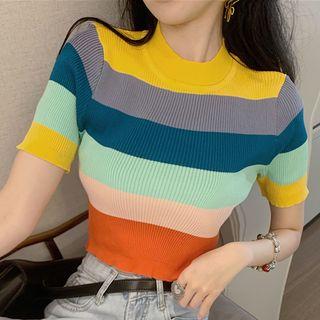 Short-sleeve Striped Knit Cropped Top