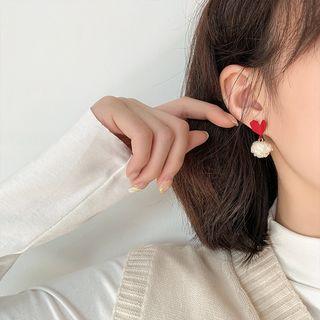 Pom Pom Drop Earring 1 Pair - Silver Needle - Love Heart - Red - One Size