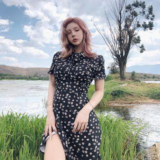 Ribbon-neckline Floral Polo Dress