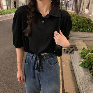 Short-sleeve Collar Drawstring Cropped T-shirt