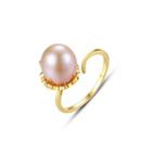 925 Sterling Silver Plated Gold Simple Fashion Purple Freshwater Pearl Adjustable Open Ring Golden - One Size