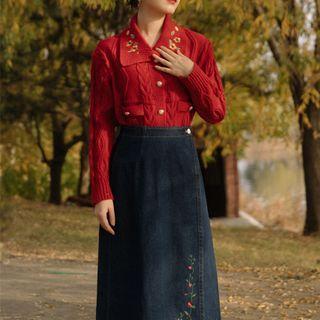 Set: Floral Embroidered Collared Cardigan + Midi A-line Denim Skirt