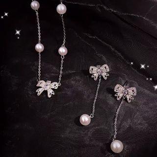 Rhinestone Bow Faux Pearl Necklace / Dangle Earring