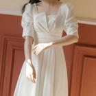 Set: Puff-sleeve Asymmetrical A-line Wedding Dress + Veil