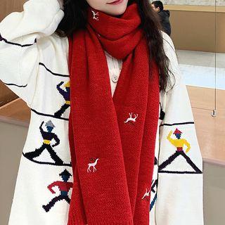 Deer Embroidered Knit Scarf