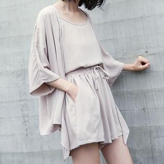 Set: Camisole Top + Light Jacket + Shorts Set - Almond - One Size