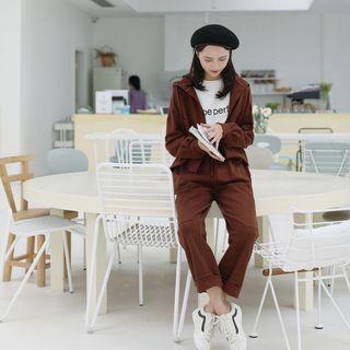 Dual-pocket Buttoned Hooded Jacket / Drawstring Wide-leg Pants