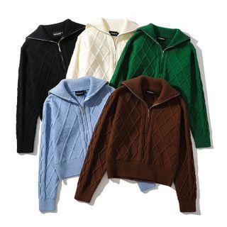 Long Sleeve Argyle Zip-up Knit Jacket