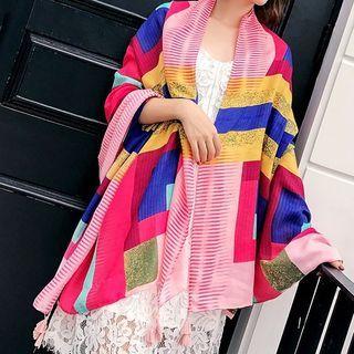 Patterned Scarf Rose Pink & Yellow & Navy Blue - One Size