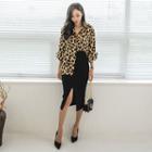 Set: Leopard Blouse + H-line Midi Skirt One Size