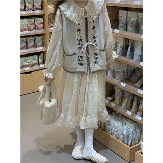 Puff-sleeve Lace Collar Midi A-line Dress / Floral Embroidered Vest