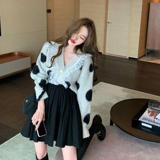 Dotted Lace Trim Cardigan Black Dots - Light Gray - One Size