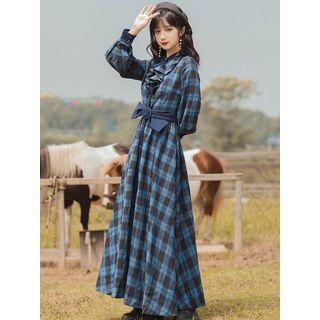 Plaid Ruffle Long-sleeve Maxi A-line Dress