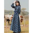 Plaid Ruffle Long-sleeve Maxi A-line Dress