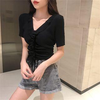 Ruffle Drawstring Short-sleeve Knit Top