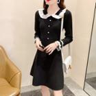 Contrast Trim Collared Long-sleeve Knit Mini A-line Dress