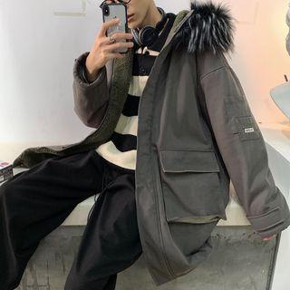 Letter Printed Furry Hooded Zipped Coat