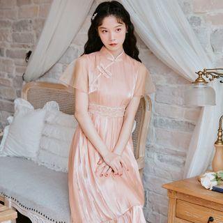 Mandarin Collar Mesh Panel Short-sleeve Midi A-line Dress