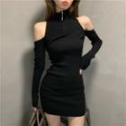 Long-sleeve Cold-shoulder Half-zip Knit Mini Dress Black - One Size
