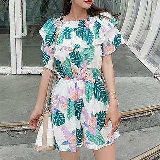 Off-shoulder Leaf Print Playsuit