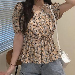 Short-sleeve Floral Blouse Floral - Yellow - One Size