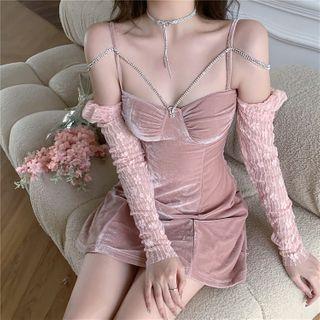 Long-sleeve Cold Shoulder Rhinestone Mini Sheath Dress
