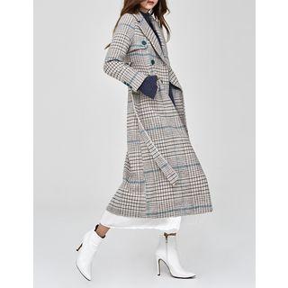Double-breasted Checked Long Coat With Sash