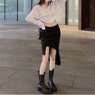 Crop Shirt / Asymmetrical Midi Pencil Skirt