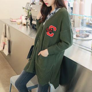 Lettering-patch Zip-side Long Cardigan