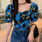 Puff-sleeve Floral Print Top Blue - One Size