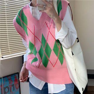 Argyle Knit Vest Pink & Green - One Size