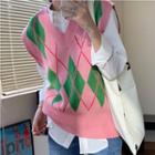 Argyle Knit Vest Pink & Green - One Size