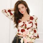 Balloon-sleeve Rose Print Cropped Blouse