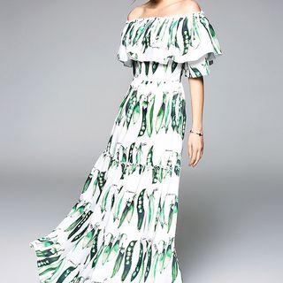 Elbow-sleeve Off Shoulder Patterned Maxi Dress