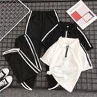 Set: Contrast Trim Zip Short-sleeve Polo Shirt + Straight-cut Pants